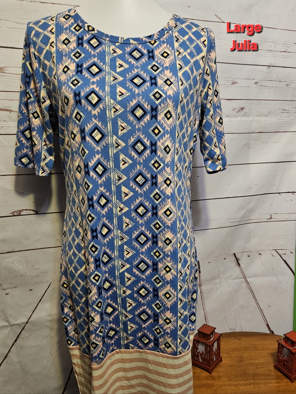 LuLaRoe Blue Geometric Midi Dress with Cream Accents